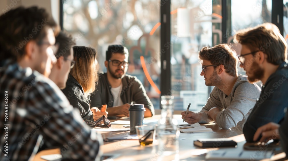 A group of young professionals engaged in a lively discussion around a table, sharing ideas in a modern workspace. A group of young professionals engaged in a lively discussion around a table, sharing ideas in a modern workspace.