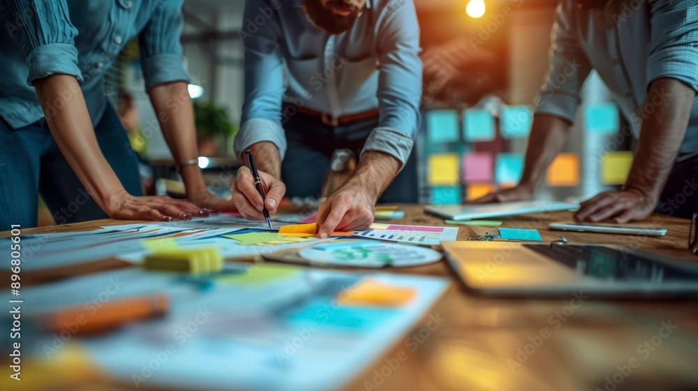 Obraz premium Creative team collaborates on a project with notes and sketches spread across a table in a modern workspace.