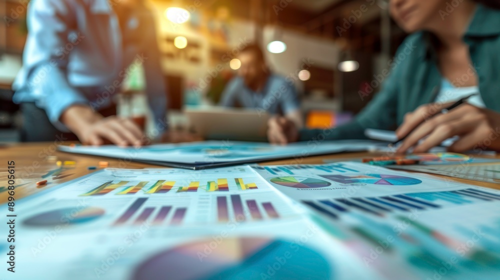 Fototapeta premium Detailed analysis of business charts and graphs during a strategic planning meeting in a modern workspace.