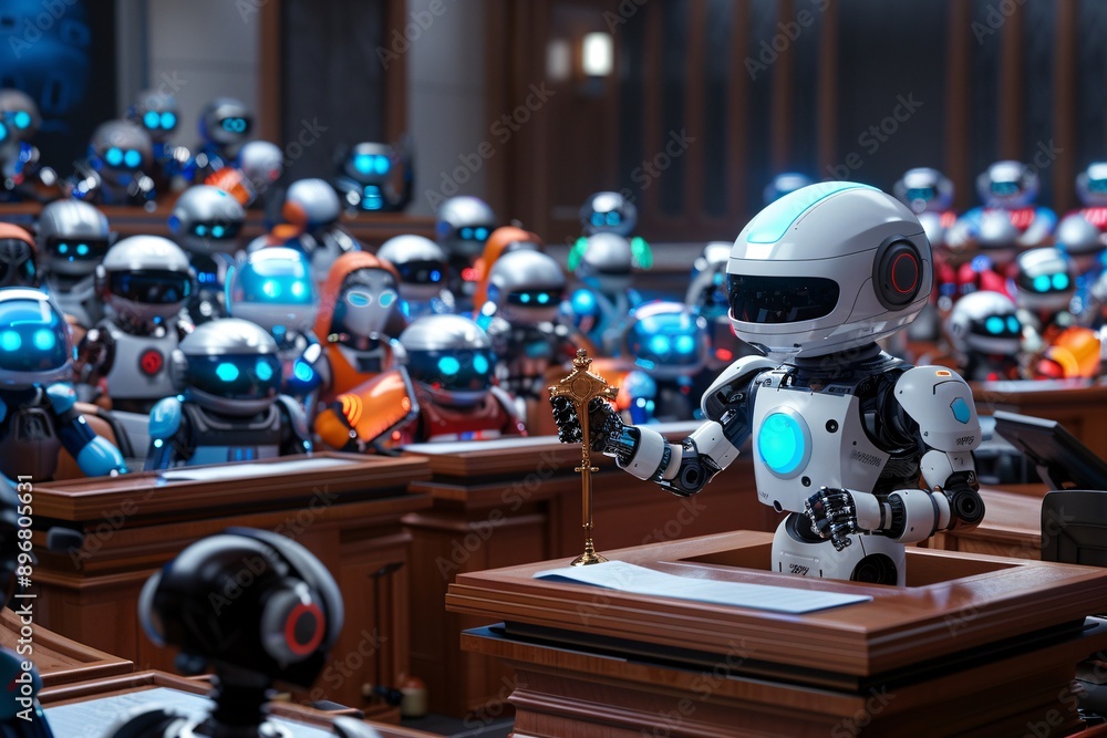 Fototapeta premium 7. An image showing a high-tech courtroom with a robotic judge presiding over a case involving AI ethics and regulations. Lawyers present evidence on holographic displays, and the jury is composed of