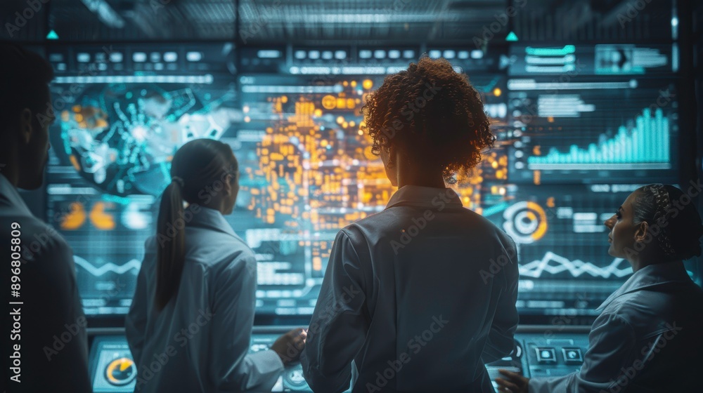 Group of scientists analyzing data on futuristic screens in a high-tech laboratory, focusing on innovation and technology. Group of scientists analyzing data on futuristic screens in a high-tech laboratory, focusing on innovation and technology.