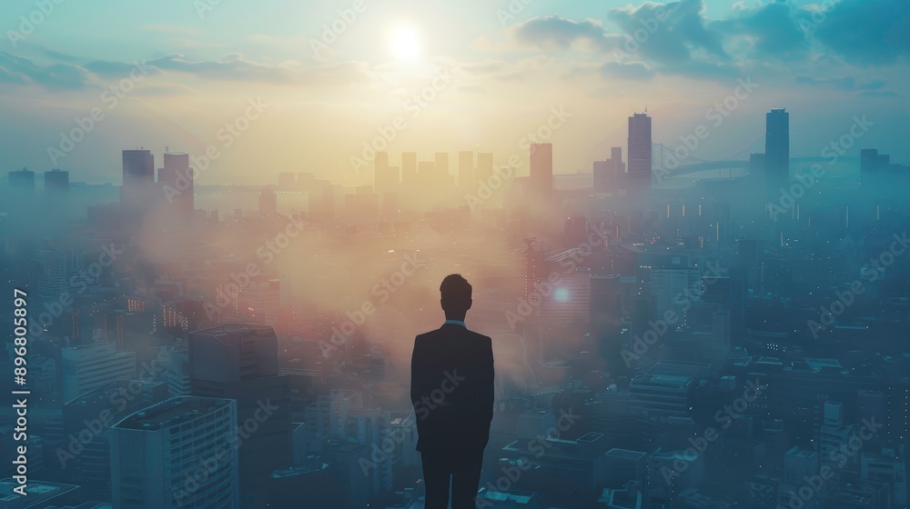 Silhouette of a man standing against a misty city skyline during sunrise, capturing a moment of reflection and solitude. Silhouette of a man standing against a misty city skyline during sunrise, capturing a moment of reflection and solitude.