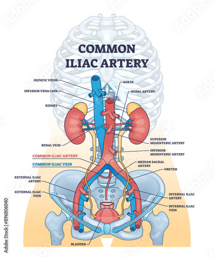 Common iliac artery as aorta towards the pelvic region outline diagram, transparent background. Labeled educational medical scheme with blood flow anatomy and body arteries illustration.