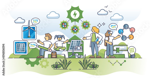 Education and awareness for greener future learning with kids outline concept, transparent background. Sustainable and environmental electricity principles explanation in school illustration.