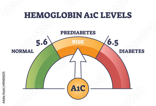 Hemoglobin A1C test for prediabetes and diabetes checkup outline diagram, transparent background.Labeled educational scheme with bloodstream glucose level measurement illustration.