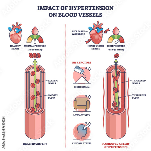 Impact of hypertension on blood vessels with high pressure outline diagram, transparent background. Labeled educational scheme with healthy vs narrowed artery and turbulent flow illustration.