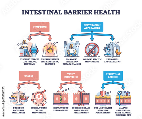 Intestinal barrier health and leaky gut syndrome explanation outline diagram, transparent background. Labeled educational scheme with medical symptoms, restoration approaches.