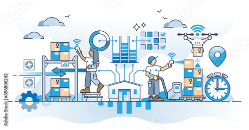 Inventory systems as warehouse supply and order management outline concept, transparent background. Modern and smart stock automation with parcel monitoring and demand control.