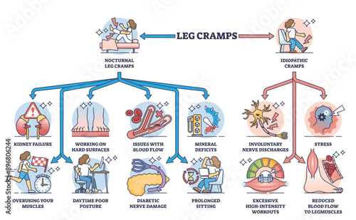 Leg cramps division and medical causes for acute sharp pain outline diagram, transparent background. Labeled educational scheme with nocturnal and idiopathic cramp issues illustration.