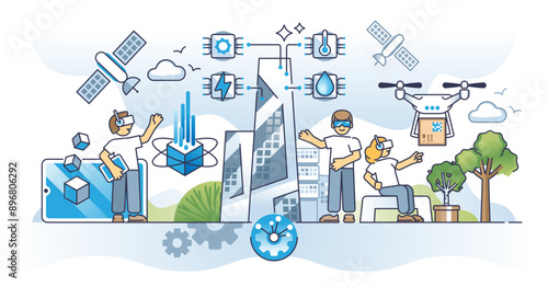 Next gen cities with new modern generation urban scene outline concept, transparent background. Futuristic technology for innovative city with IOT connectivity illustration. AR vision system.