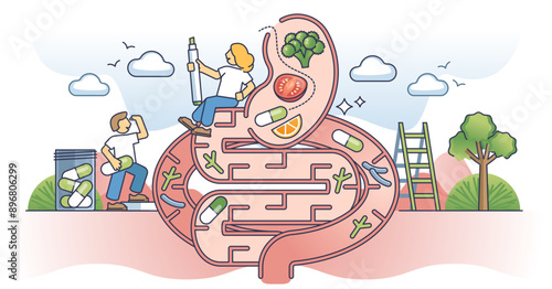 Microbiome health or gastrointestinal gut and colon care outline concept, transparent background. Medical awareness and bowel microorganisms or digestive system bacillus balance illustration.