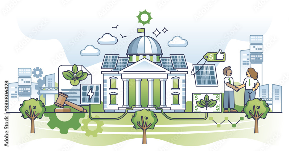 Naklejka premium Solar economy and government green energy development support outline concept, transparent background. Sun panel electricity funding and give subsidiary to private sector illustration.