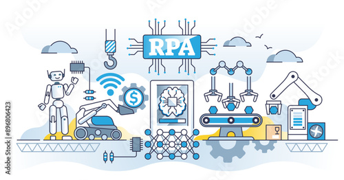 RPA or robotic process automation for effective manufacturing outline concept, transparent background. Innovation and improvement for smart factory with IOT and automated work.