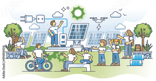 Solar farm education and children learning about green energy outline concept, transparent background. Sustainable and renewable electricity production with sun panels illustration.