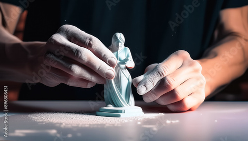 Close-up of hands dusting a white figurine