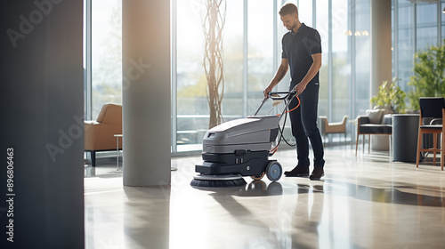 Wallpaper Mural Worker cleaning floor with machine in modern office, Using natural light Torontodigital.ca