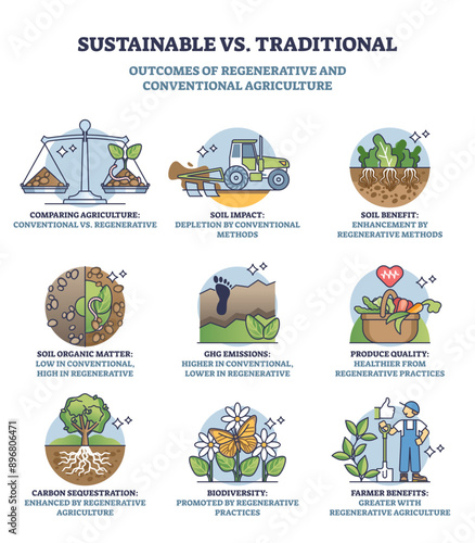 Sustainable vs traditional outcomes of regenerative farming outline diagram, transparent background. Labeled educational scheme.
