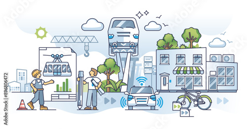 Future of urban transport with electric public transportation outline concept, transparent background. Sustainable infrastructure planning with modern technologies and self driving cars.