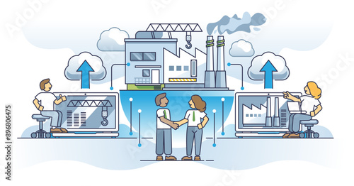 Future of work with merged business companies for development outline concept, transparent background. Factory growth with effective improvement strategy illustration. Successful group partnership.