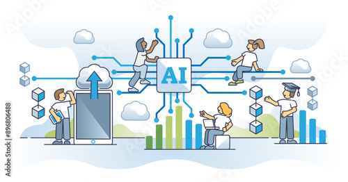 Evolution of data and technology for information research outline concept, transparent background. Big data and artificial intelligence interaction for database management and analysis illustration.
