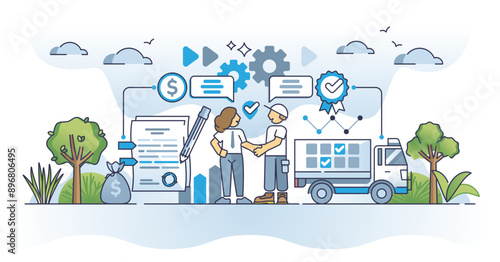 Supplier relationship and financial agreement for order plan outline concept, transparent background. Scheduled shipping and routine delivery planning illustration.