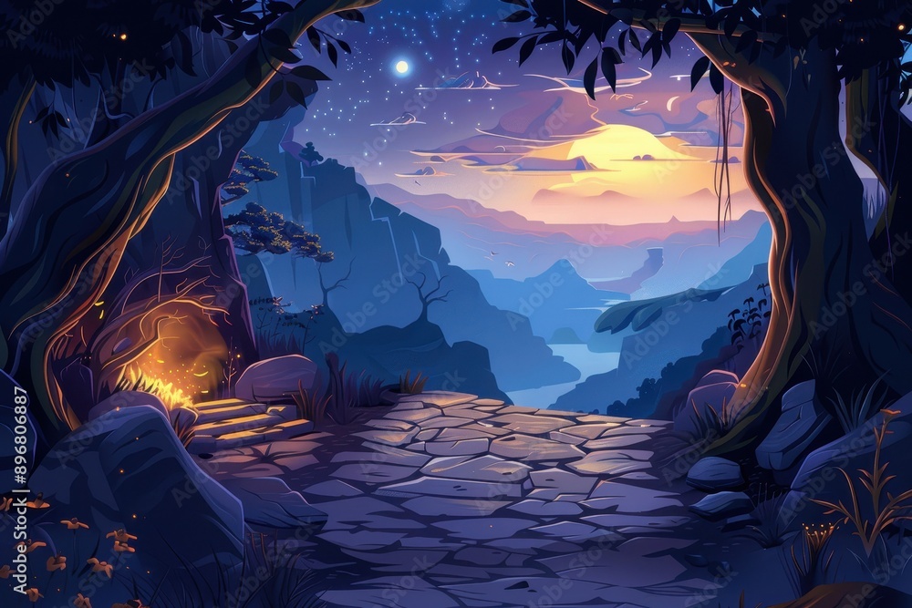 Obraz premium Mystical night forest path with a beautiful view of the valley and mountains