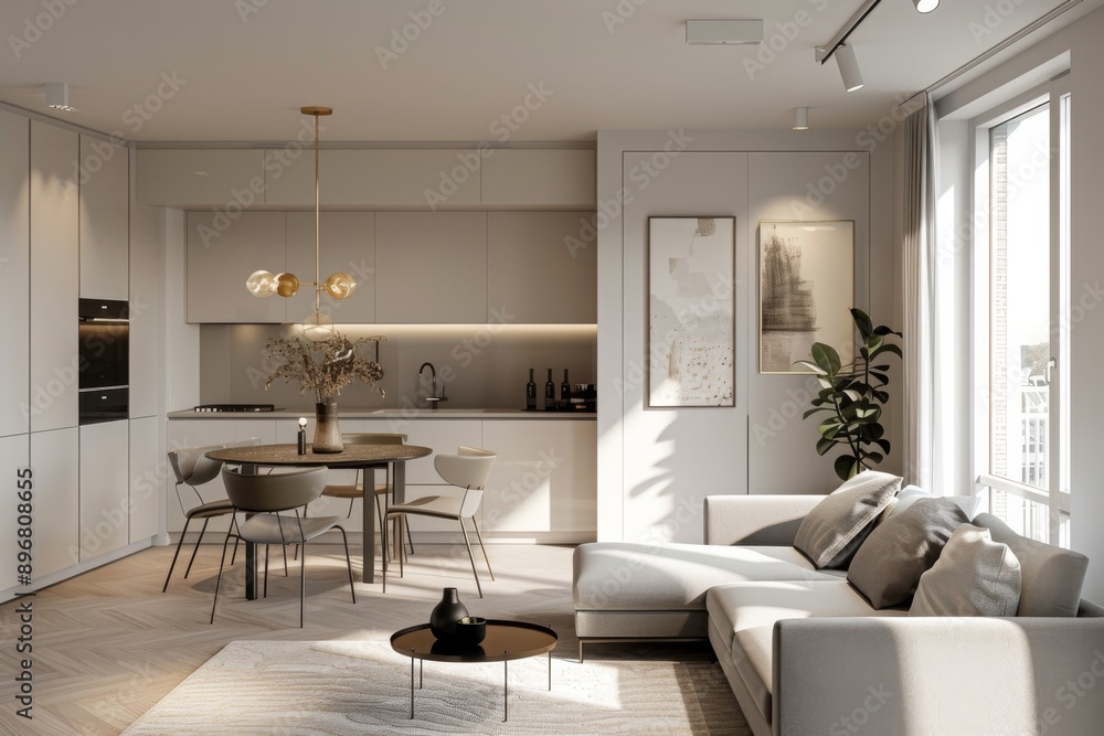 Corner of modern kitchen with white walls, wooden floor, beige sofa and white cupboards. Corner of modern kitchen with white walls, wooden floor, beige sofa and white cupboards.