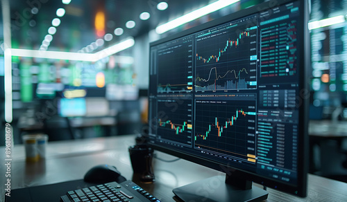 Computer monitor displaying financial data, keyboard, mouse, desk, office. Generative AI