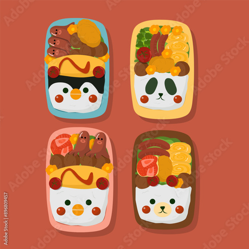 Set of different bento. Japanese lunch boxes collection. Cute vector illustration 
