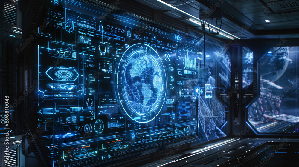 Advanced holographic display projecting a 3D interface, UHD, Masterpiece Advanced holographic display projecting a 3D interface, UHD, Masterpiece