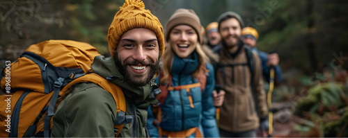 A joyful group of hikers enjoying an adventure in the forest, showcasing camaraderie and nature's beauty.