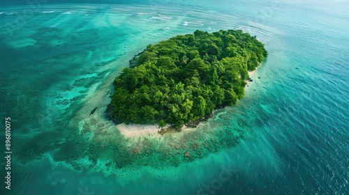 Aerial view of a tropical forest island at the end of a paradise sand beach, with turquoise waters and lush greenery