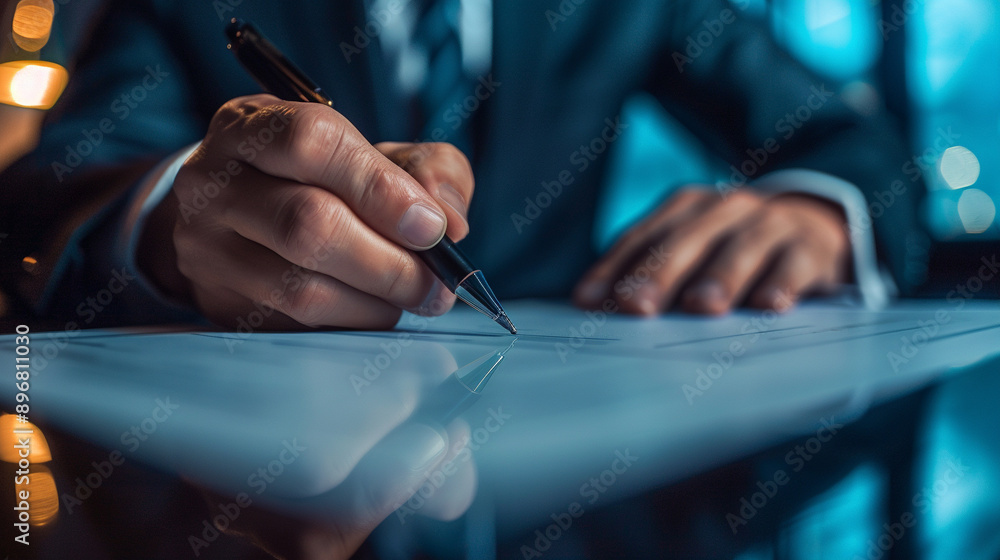 businessman focuses intently on signing a contract, highlighting the importance of commitment, legal agreement, and professional responsibility. His hand holding a pen signifies decision-making businessman focuses intently on signing a contract, highlighting the importance of commitment, legal agreement, and professional responsibility. His hand holding a pen signifies decision-making
