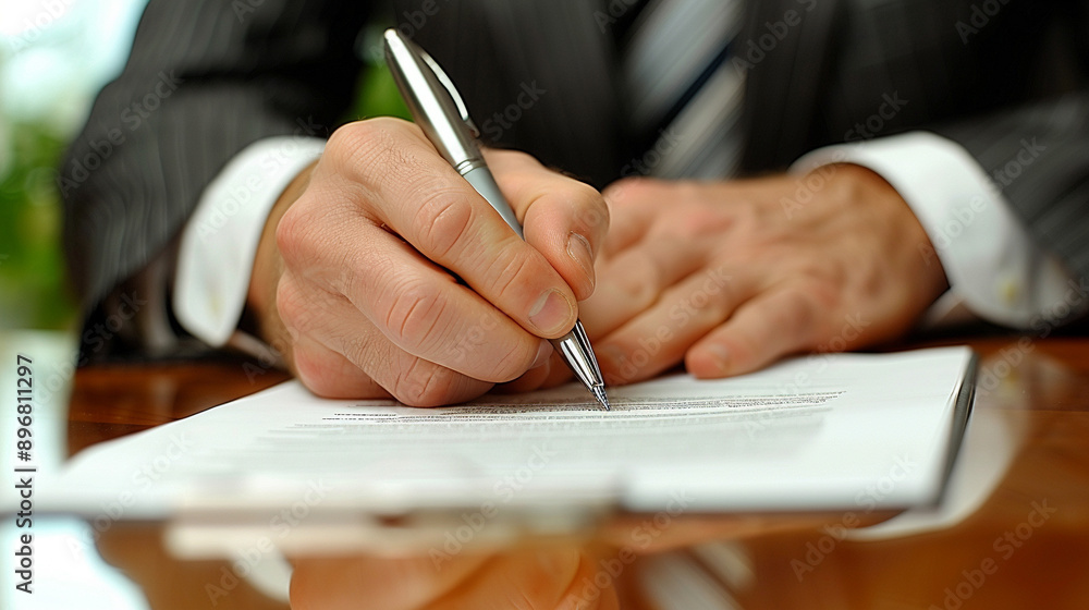 businessman focuses intently on signing a contract, highlighting the importance of commitment, legal agreement, and professional responsibility. His hand holding a pen signifies decision-making businessman focuses intently on signing a contract, highlighting the importance of commitment, legal agreement, and professional responsibility. His hand holding a pen signifies decision-making