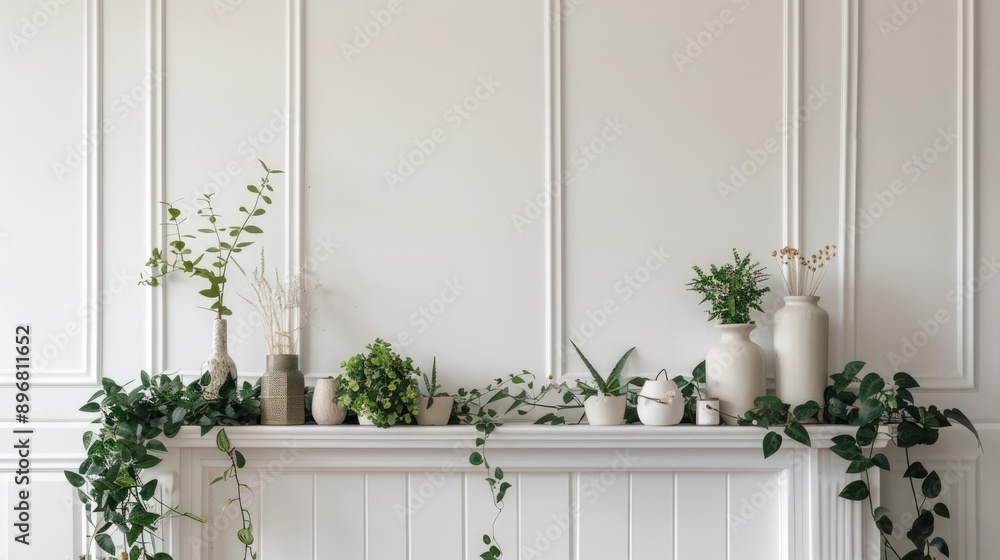 Chic and minimalist living space with a white mantel adorned with plants and decorative items, adding a touch of greenery Chic and minimalist living space with a white mantel adorned with plants and decorative items, adding a touch of greenery