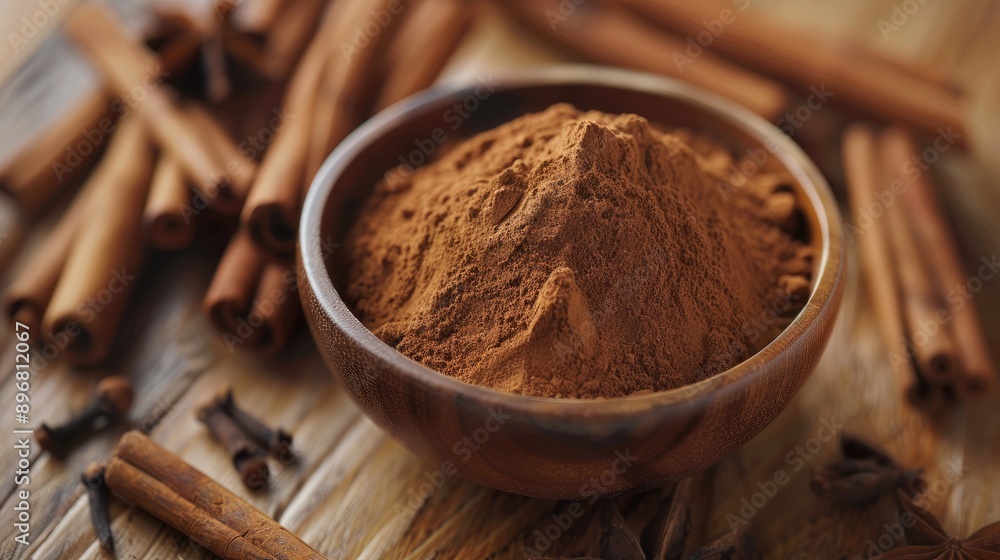 Close-up of a wooden table showcasing a bowl of cinnamon powder surrounded by whole cinnamon sticks in an inviting arrangement Close-up of a wooden table showcasing a bowl of cinnamon powder surrounded by whole cinnamon sticks in an inviting arrangement