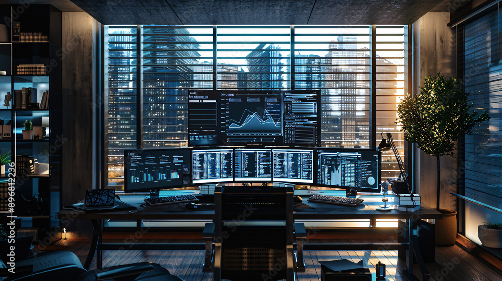 High-tech workspace with multiple screens displaying data analytics, UHD, Masterpiece High-tech workspace with multiple screens displaying data analytics, UHD, Masterpiece