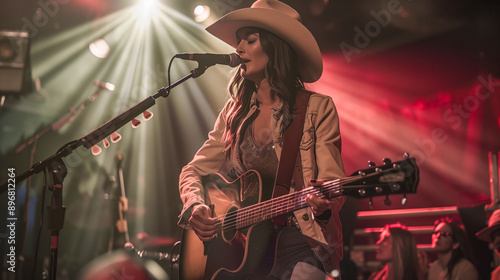 Female country singer with a cowboy hat, playing guitar on stage