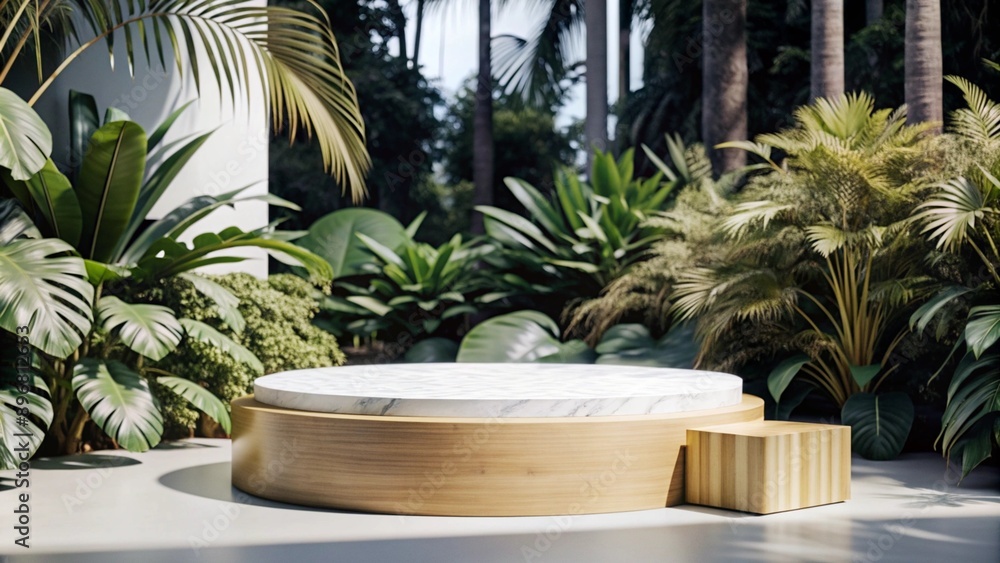 Fototapeta premium Podio de madera para exhibición de productos de la selva