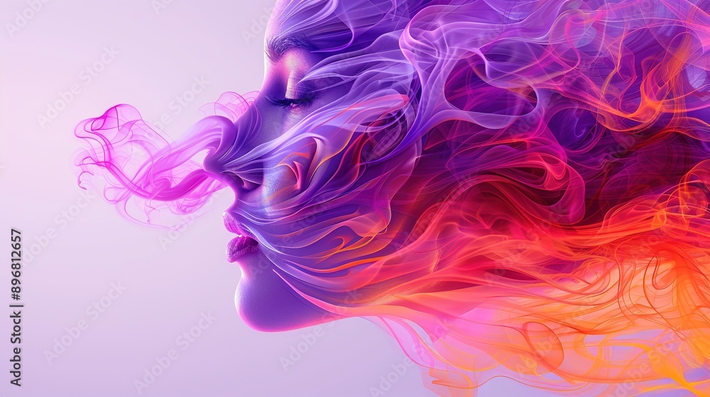 A close-up of a woman's face with vibrant smoke emanating from both sides, giving the illusion of a halo A close-up of a woman's face with vibrant smoke emanating from both sides, giving the illusion of a halo