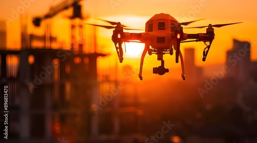 Drone Flying Over Construction Site at Sunset.