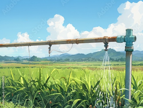 Drip irrigation systems, sugarcane fields, water-efficient methods, sunny day photo