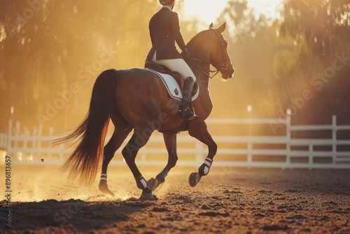 Equestrian Dressage Performance: Elegant image of a horse and rider executing intricate dressage movements in a sunlit arena, with the horse's muscles rippling and the rider's posture poised  photo