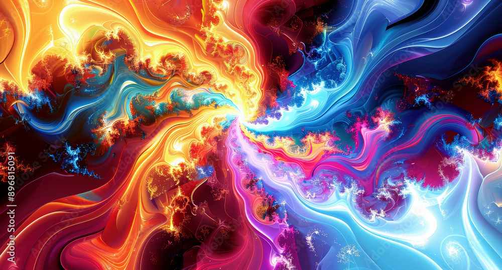 Obraz premium Colorful abstract swirl background featuring vibrant red, blue, and yellow tones, perfect for dynamic and modern designs