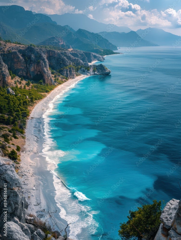 Obraz premium Turquoise Waters and White Sand Beach in a Picturesque Mountainous Landscape