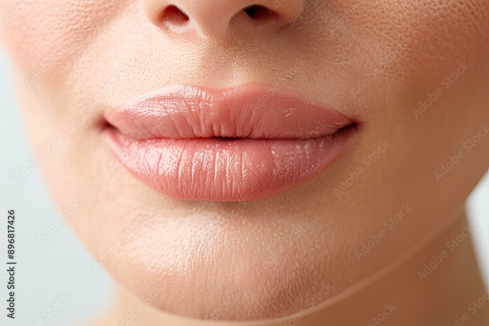 Fototapeta premium Close-up of a woman's lips with natural, pink lipstick and flawless skin texture, showcasing beauty and skincare concepts.