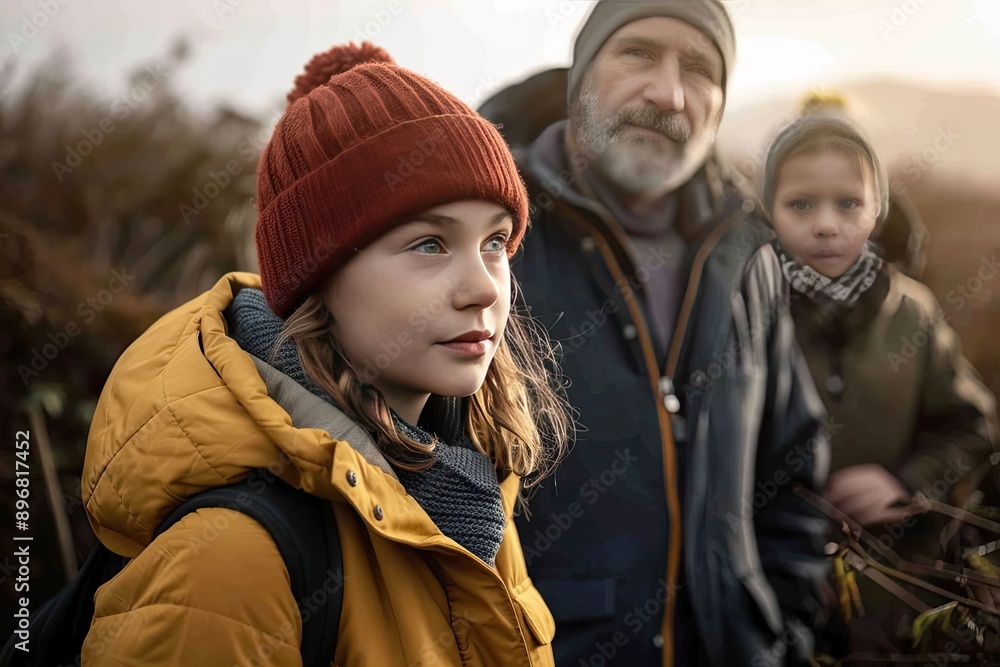 Family on outdoor adventure enjoying the scenic beauty of nature during autumn. Warmly dressed in jackets and hats for the brisk weather. Family on outdoor adventure enjoying the scenic beauty of nature during autumn. Warmly dressed in jackets and hats for the brisk weather.
