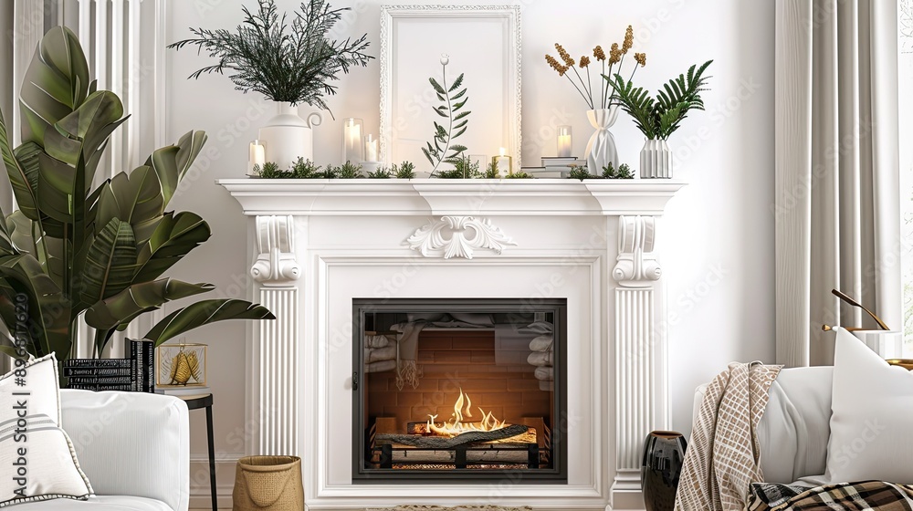 Modern interior design with a white mantel, plant vases, and a decorative photo frame, creating a stylish and cozy living room Modern interior design with a white mantel, plant vases, and a decorative photo frame, creating a stylish and cozy living room