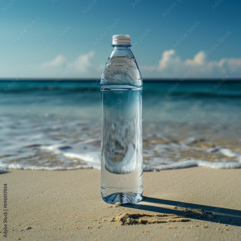 Serene Beach Scene with Clear Water Bottle, Blue Sky, and Copy Space for Branding. Serene Beach Scene with Clear Water Bottle, Blue Sky, and Copy Space for Branding.