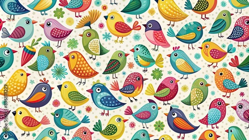 Seamless pattern featuring various colorful birds in a whimsical and playful design, birds, seamless, pattern, wildlife